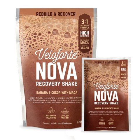 Veloforte Nova - napój regeneracyjny w proszku z białkiem i macą (banan-kakao) 67 g